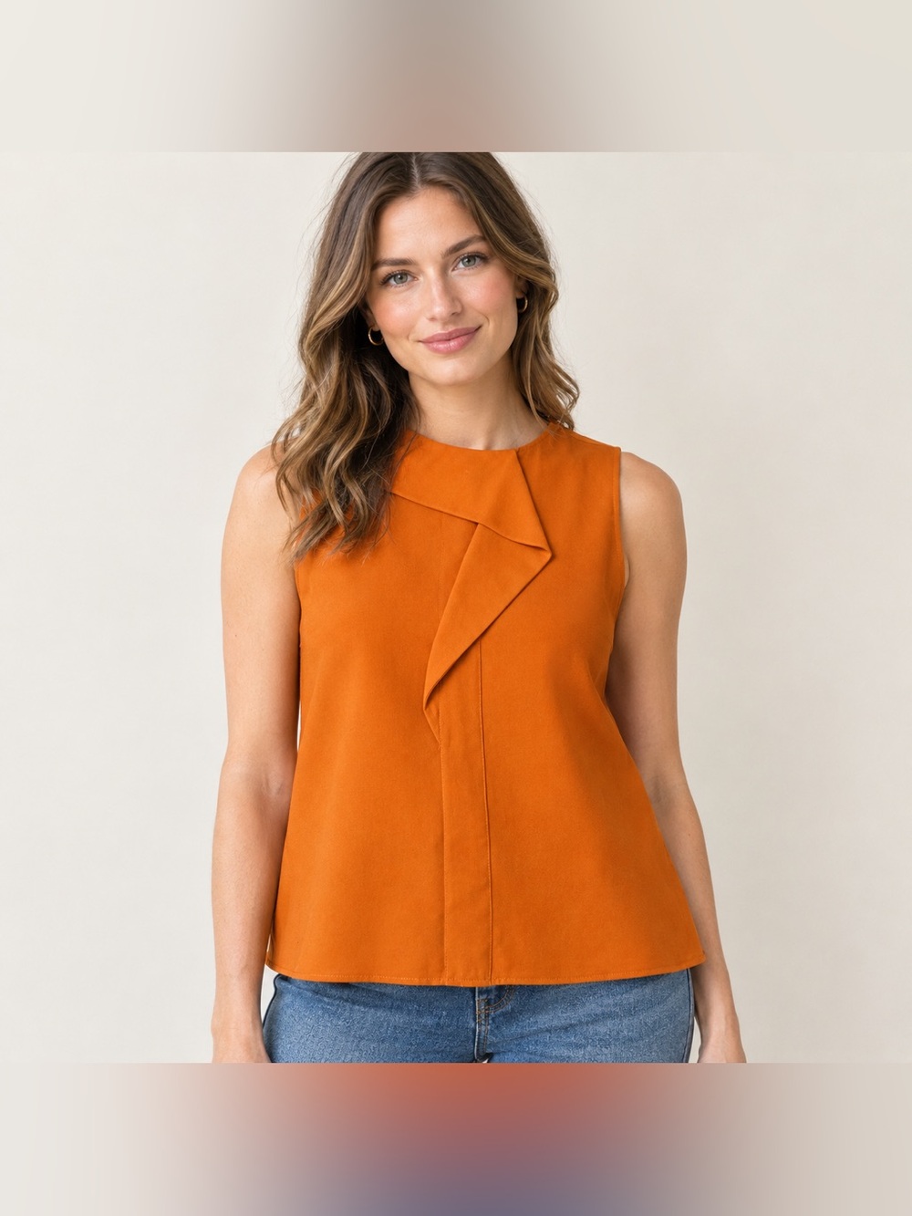 Zara Basic Orange Sleeveless Blouse Ruffle Front Button Back Top Size M